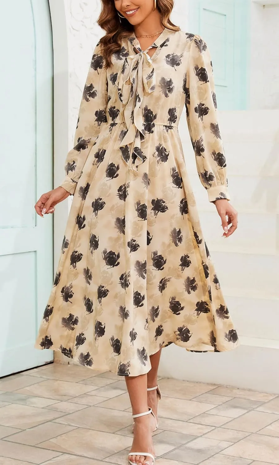 Kormei Women V Neck Tie Long Sleeve Boho Floral Fall Dress Wedding Guest Casual Maxi Long Cocktail Dress