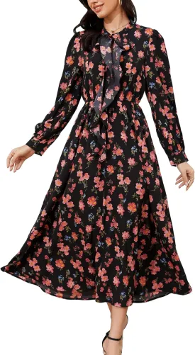 Kormei Women V Neck Tie Long Sleeve Boho Floral Fall Dress Wedding Guest Casual Maxi Long Cocktail Dress