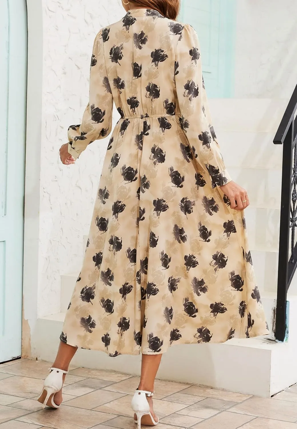 Kormei Women V Neck Tie Long Sleeve Boho Floral Fall Dress Wedding Guest Casual Maxi Long Cocktail Dress