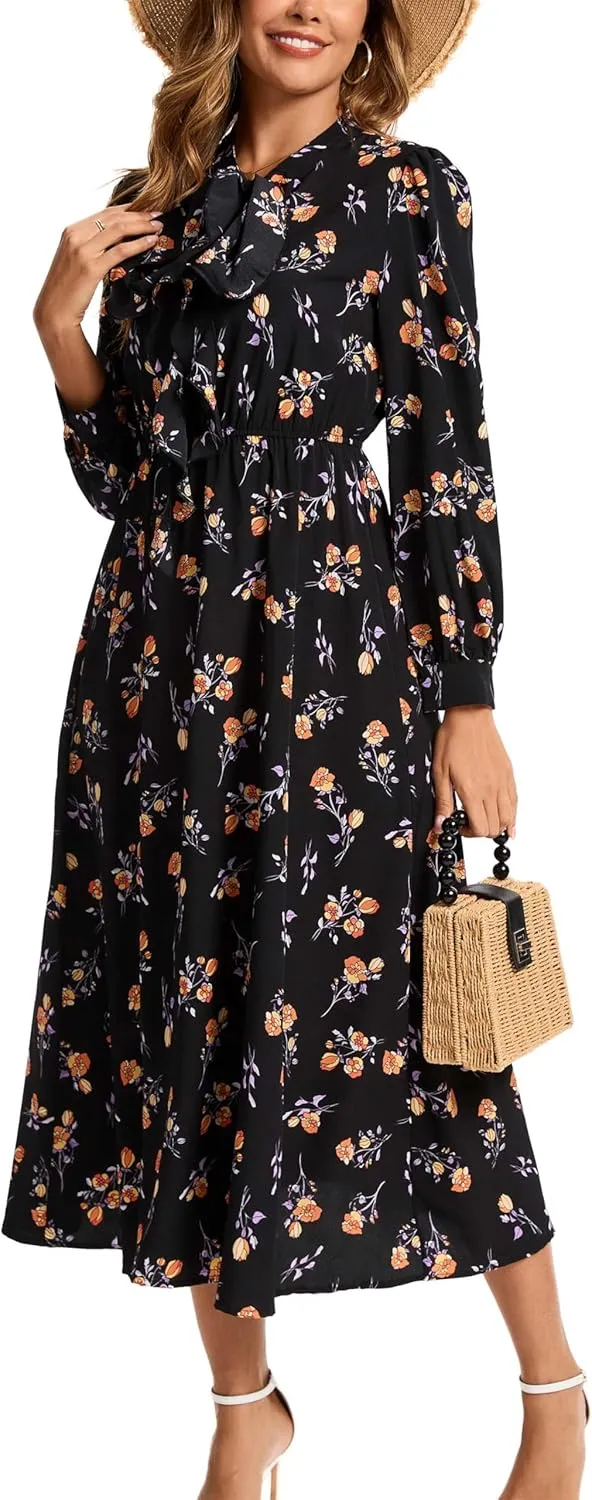Kormei Women V Neck Tie Long Sleeve Boho Floral Fall Dress Wedding Guest Casual Maxi Long Cocktail Dress