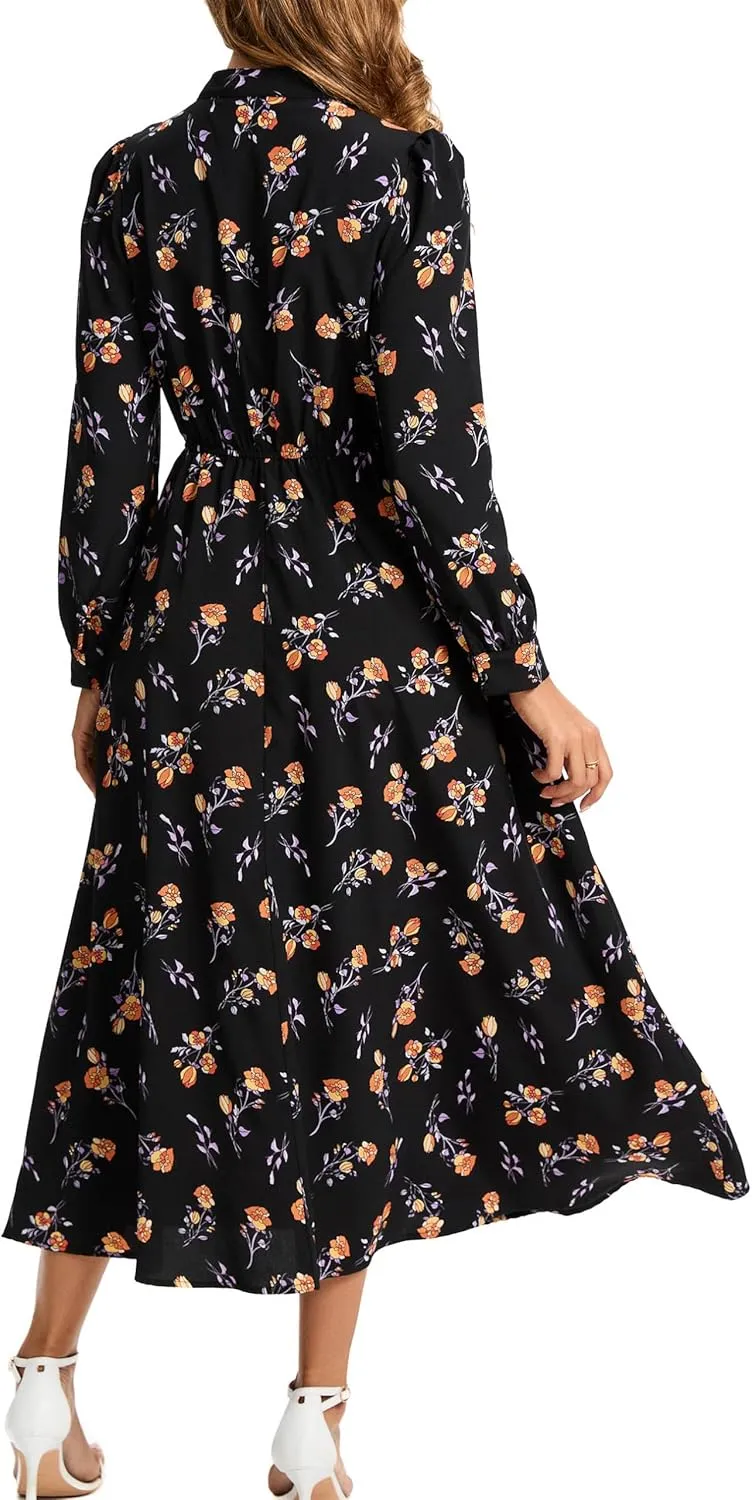 Kormei Women V Neck Tie Long Sleeve Boho Floral Fall Dress Wedding Guest Casual Maxi Long Cocktail Dress