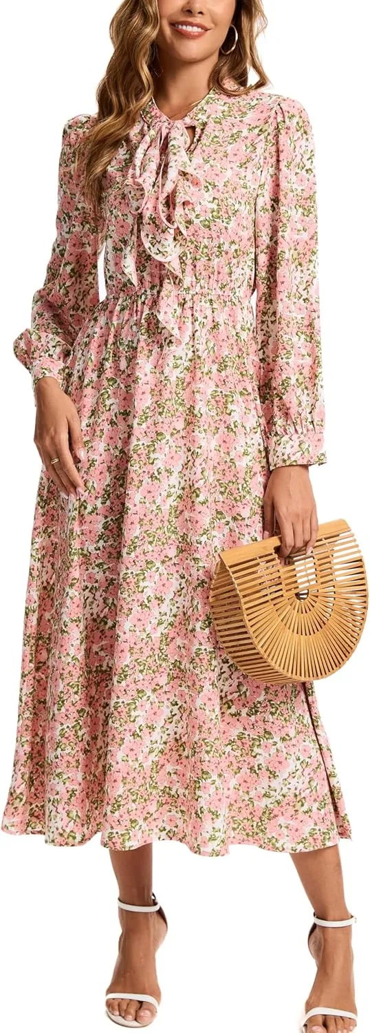 Kormei Women V Neck Tie Long Sleeve Boho Floral Fall Dress Wedding Guest Casual Maxi Long Cocktail Dress