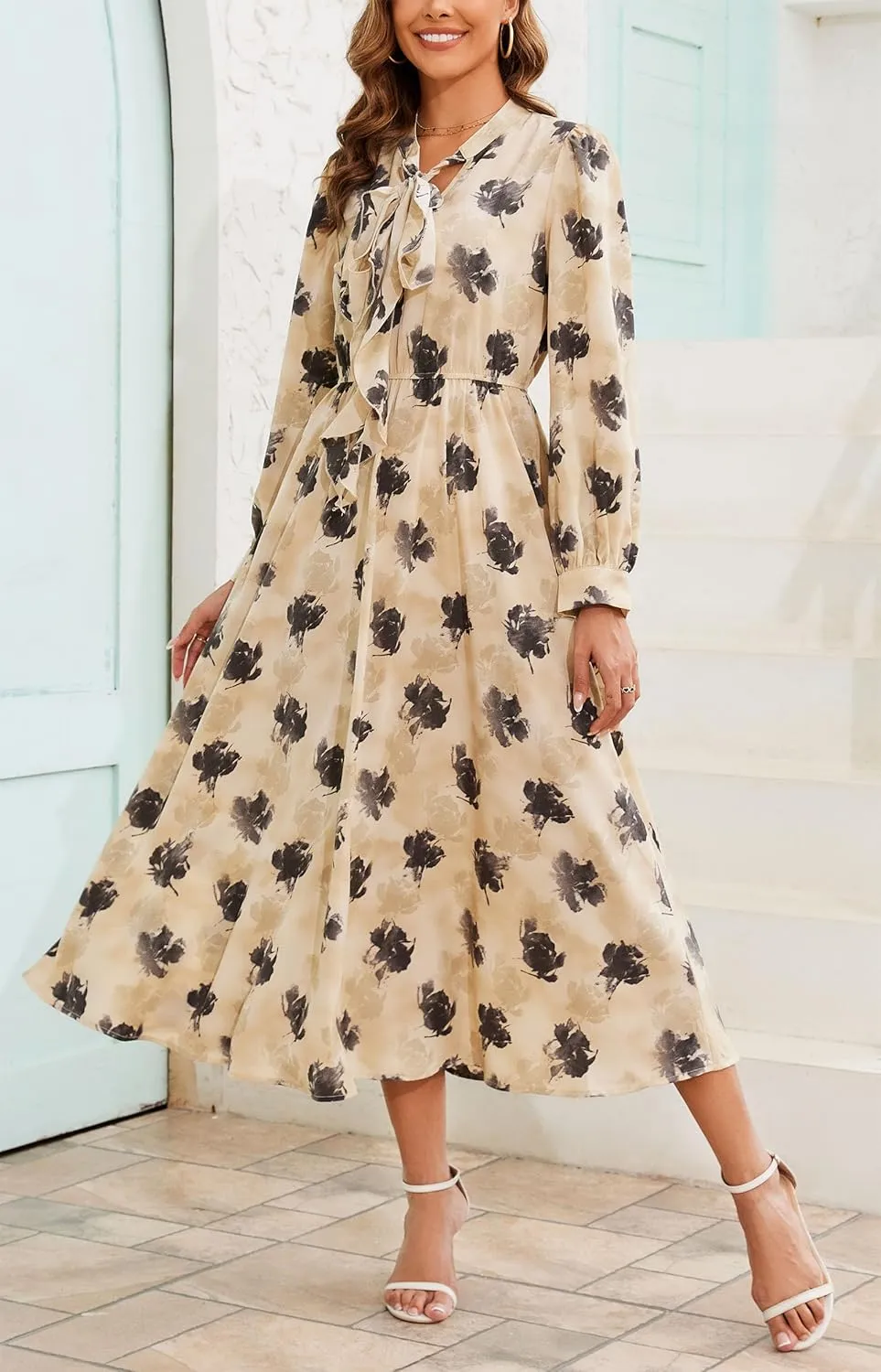 Kormei Women V Neck Tie Long Sleeve Boho Floral Fall Dress Wedding Guest Casual Maxi Long Cocktail Dress