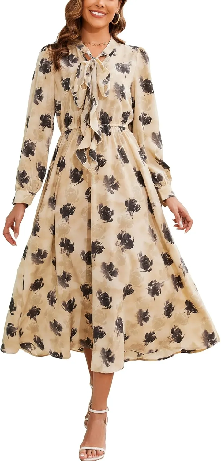 Kormei Women V Neck Tie Long Sleeve Boho Floral Fall Dress Wedding Guest Casual Maxi Long Cocktail Dress