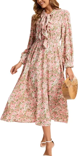 Kormei Women V Neck Tie Long Sleeve Boho Floral Fall Dress Wedding Guest Casual Maxi Long Cocktail Dress