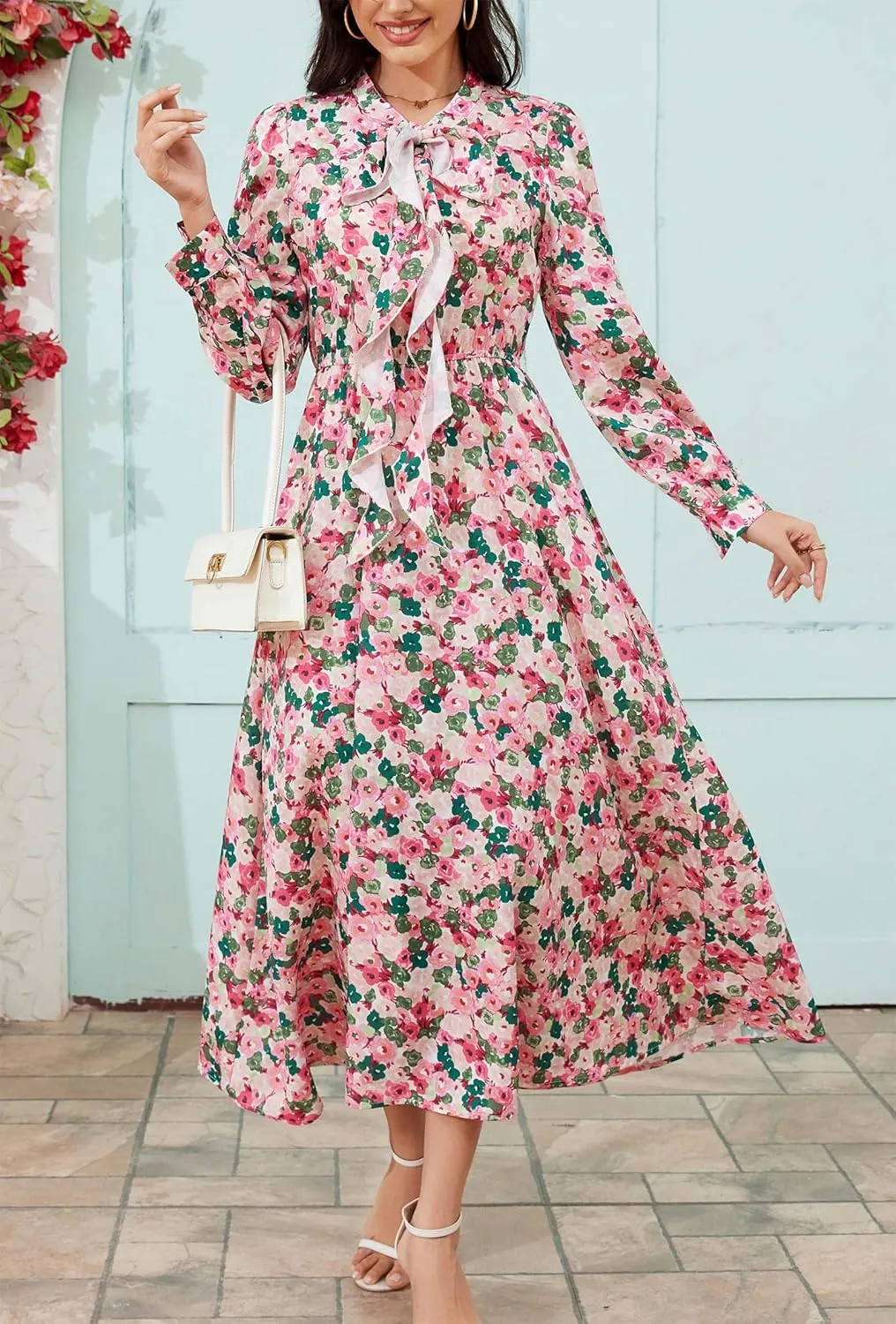 Kormei Women V Neck Tie Long Sleeve Boho Floral Fall Dress Wedding Guest Casual Maxi Long Cocktail Dress