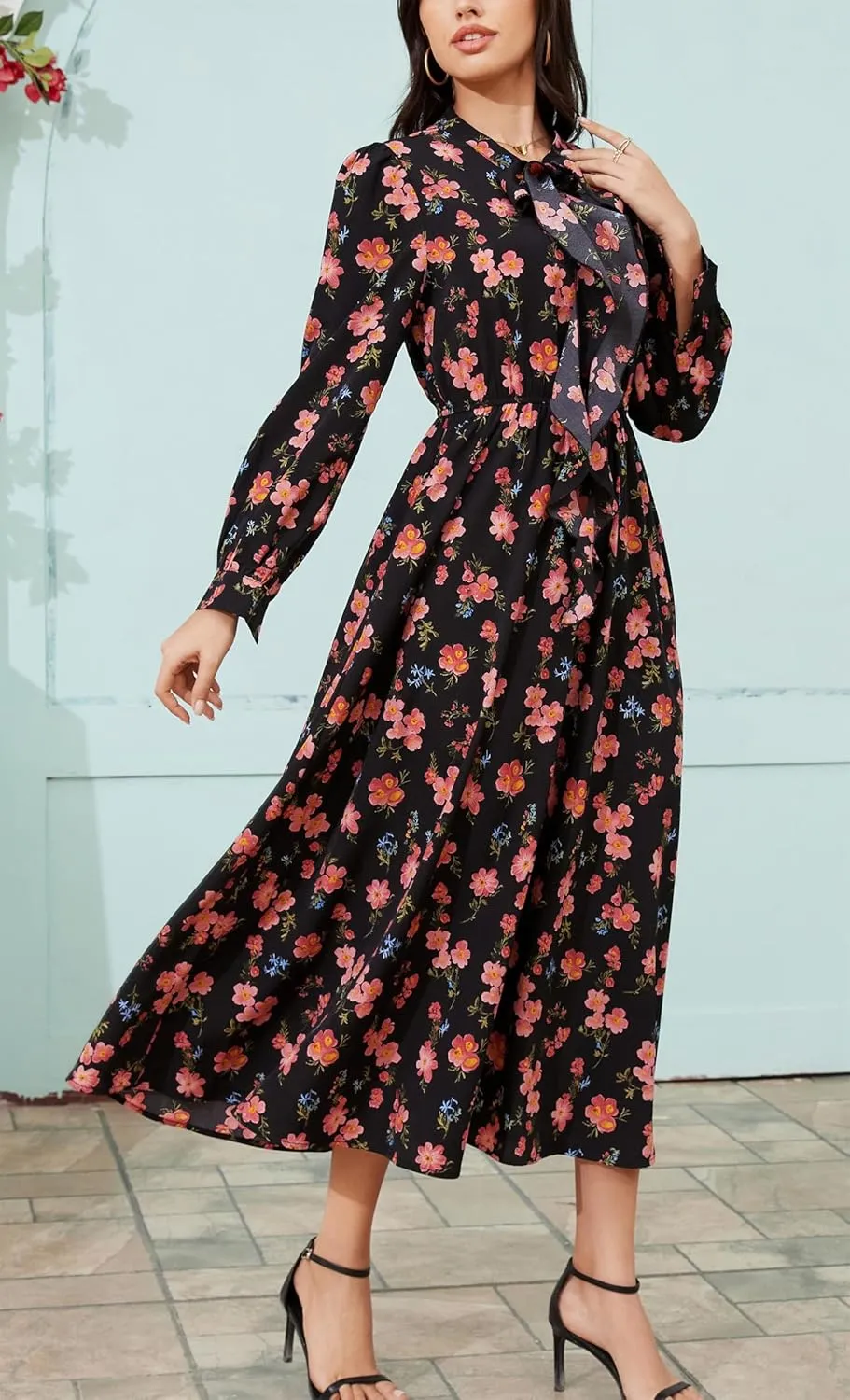 Kormei Women V Neck Tie Long Sleeve Boho Floral Fall Dress Wedding Guest Casual Maxi Long Cocktail Dress