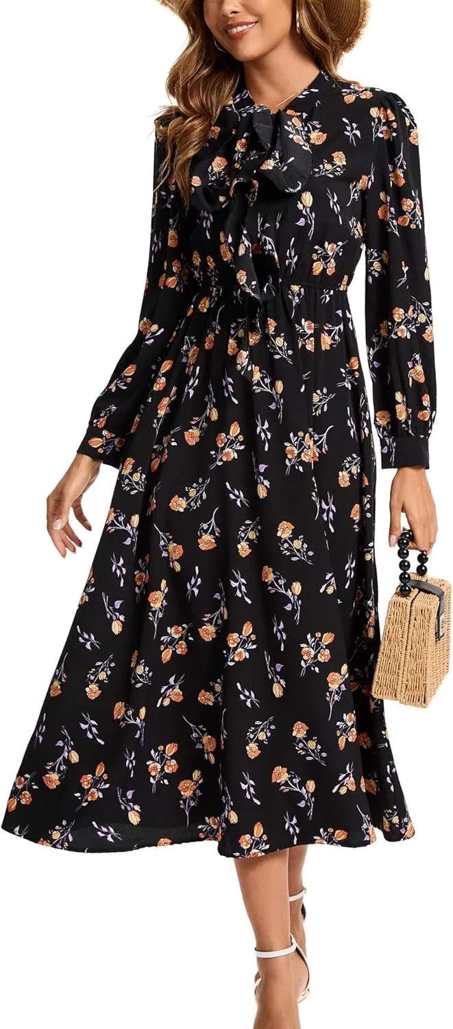 Kormei Women V Neck Tie Long Sleeve Boho Floral Fall Dress Wedding Guest Casual Maxi Long Cocktail Dress