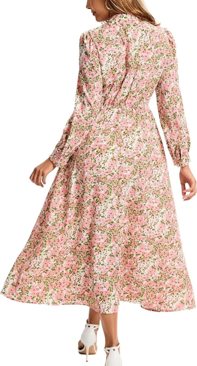 Kormei Women V Neck Tie Long Sleeve Boho Floral Fall Dress Wedding Guest Casual Maxi Long Cocktail Dress