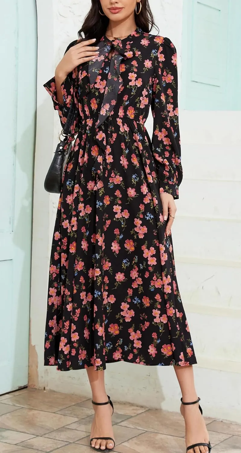 Kormei Women V Neck Tie Long Sleeve Boho Floral Fall Dress Wedding Guest Casual Maxi Long Cocktail Dress