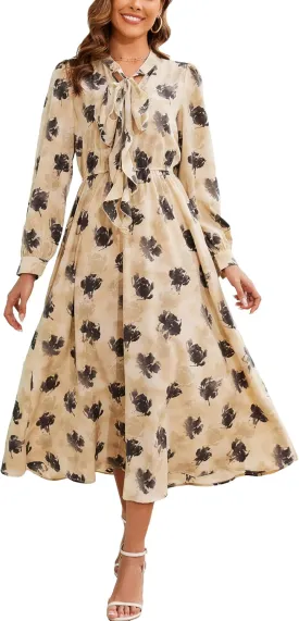 Kormei Women V Neck Tie Long Sleeve Boho Floral Fall Dress Wedding Guest Casual Maxi Long Cocktail Dress