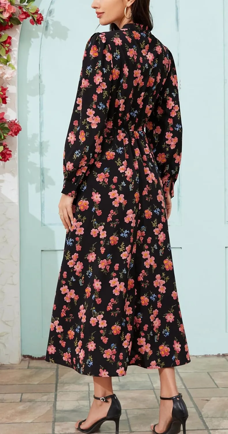 Kormei Women V Neck Tie Long Sleeve Boho Floral Fall Dress Wedding Guest Casual Maxi Long Cocktail Dress