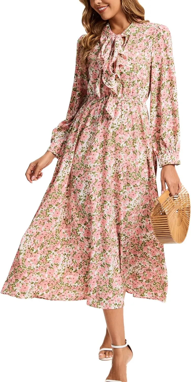 Kormei Women V Neck Tie Long Sleeve Boho Floral Fall Dress Wedding Guest Casual Maxi Long Cocktail Dress