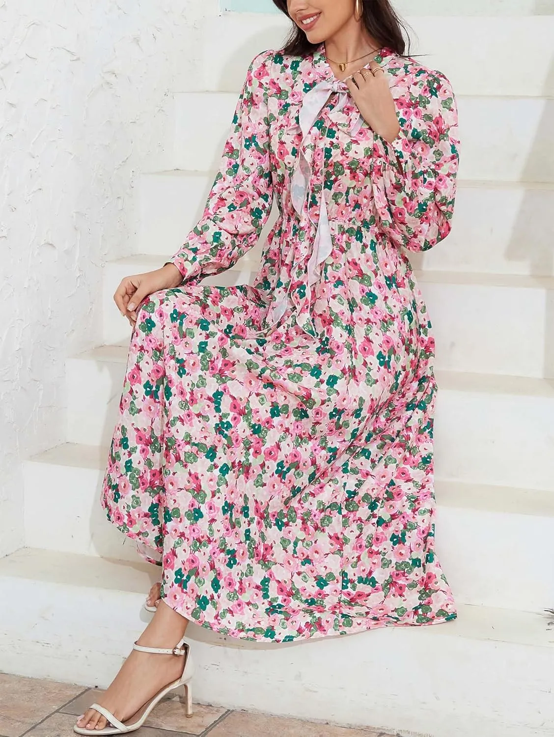 Kormei Women V Neck Tie Long Sleeve Boho Floral Fall Dress Wedding Guest Casual Maxi Long Cocktail Dress