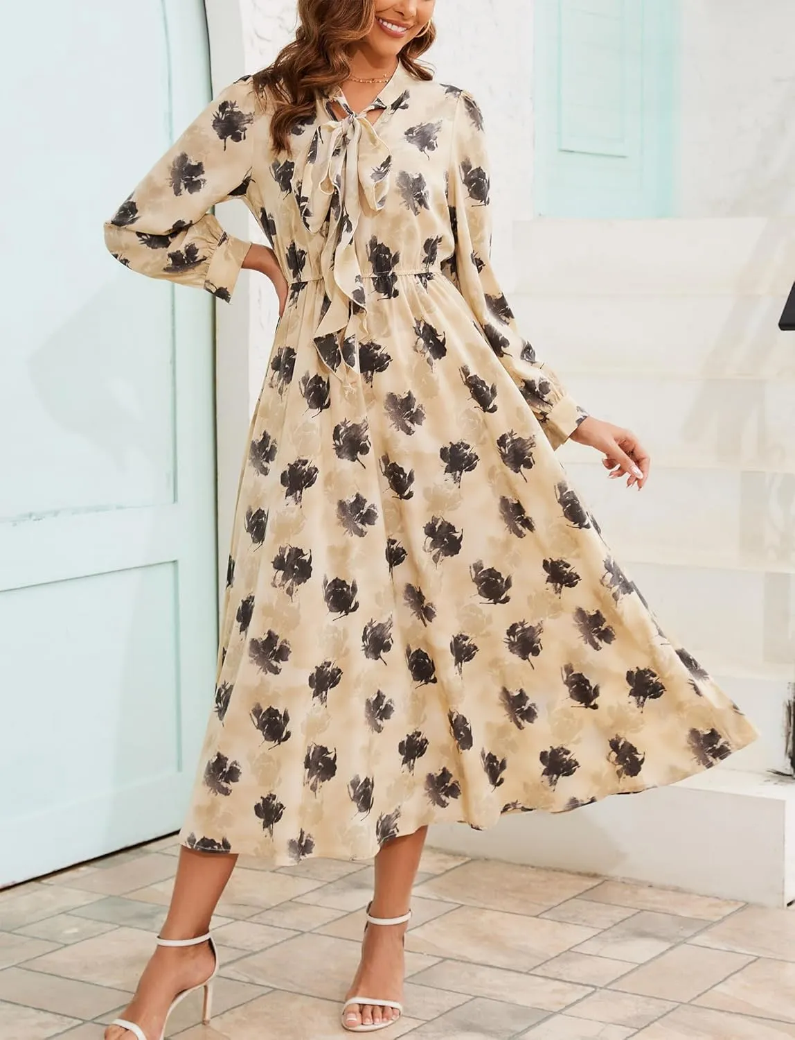 Kormei Women V Neck Tie Long Sleeve Boho Floral Fall Dress Wedding Guest Casual Maxi Long Cocktail Dress
