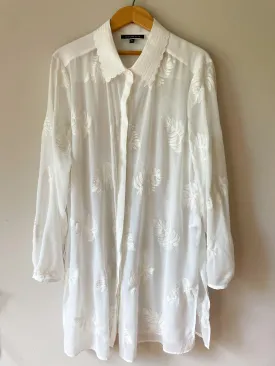 Melanie Lyne Sheer White Embroidered Palm Print Tunic Cover Up Button Front Shirt - Size 14