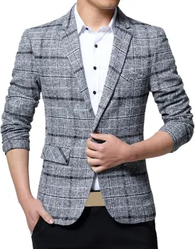 Men's Plaid Fleece Blazer Trendy Lapel Button Work Blazer Casual Slim Fit Business Suit Jacket for Wedding