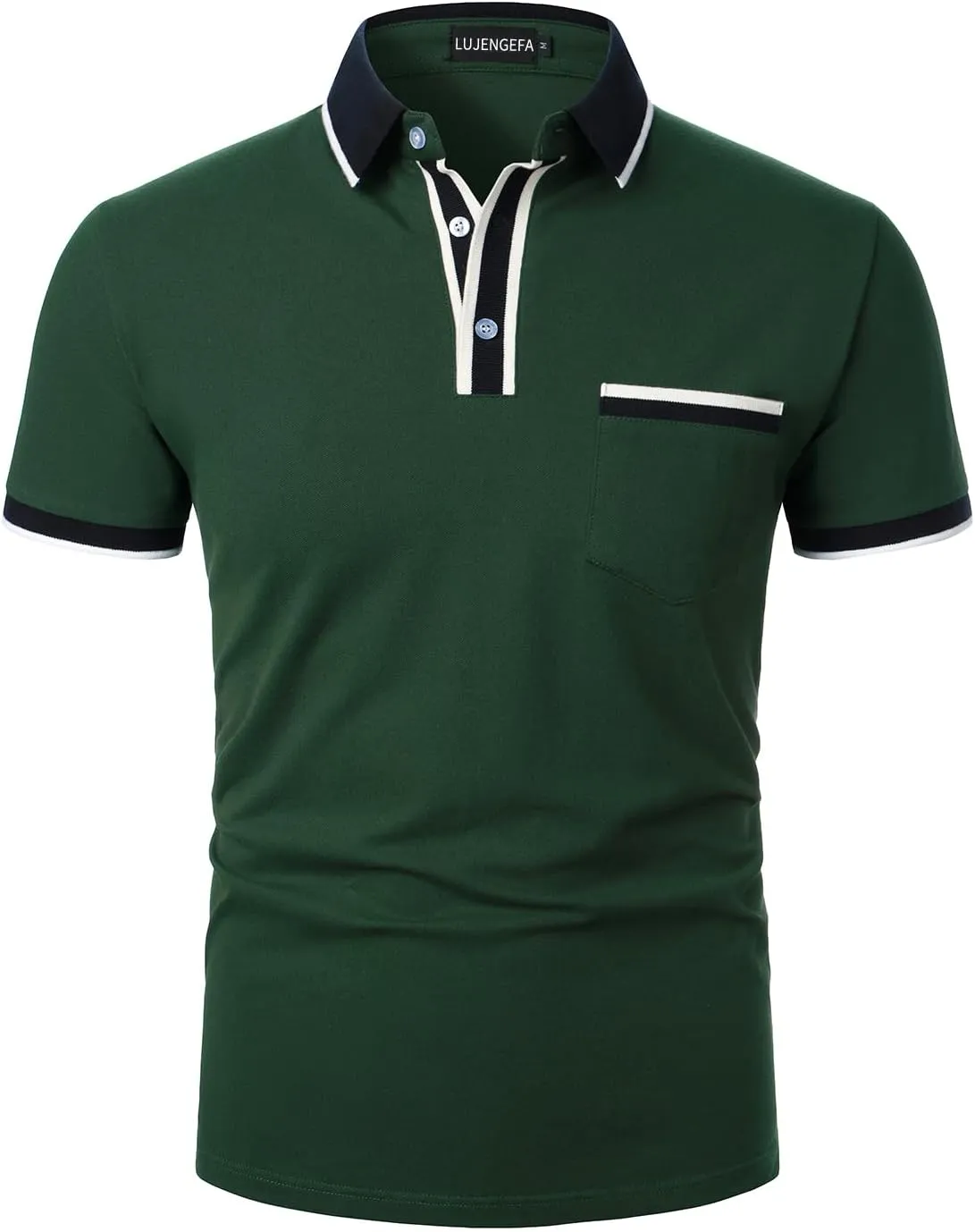Men's Polo Shirts Short Sleeve Striped Contrast Collar Golf Polo with Pocket Casual Cotton T Shirts for Men