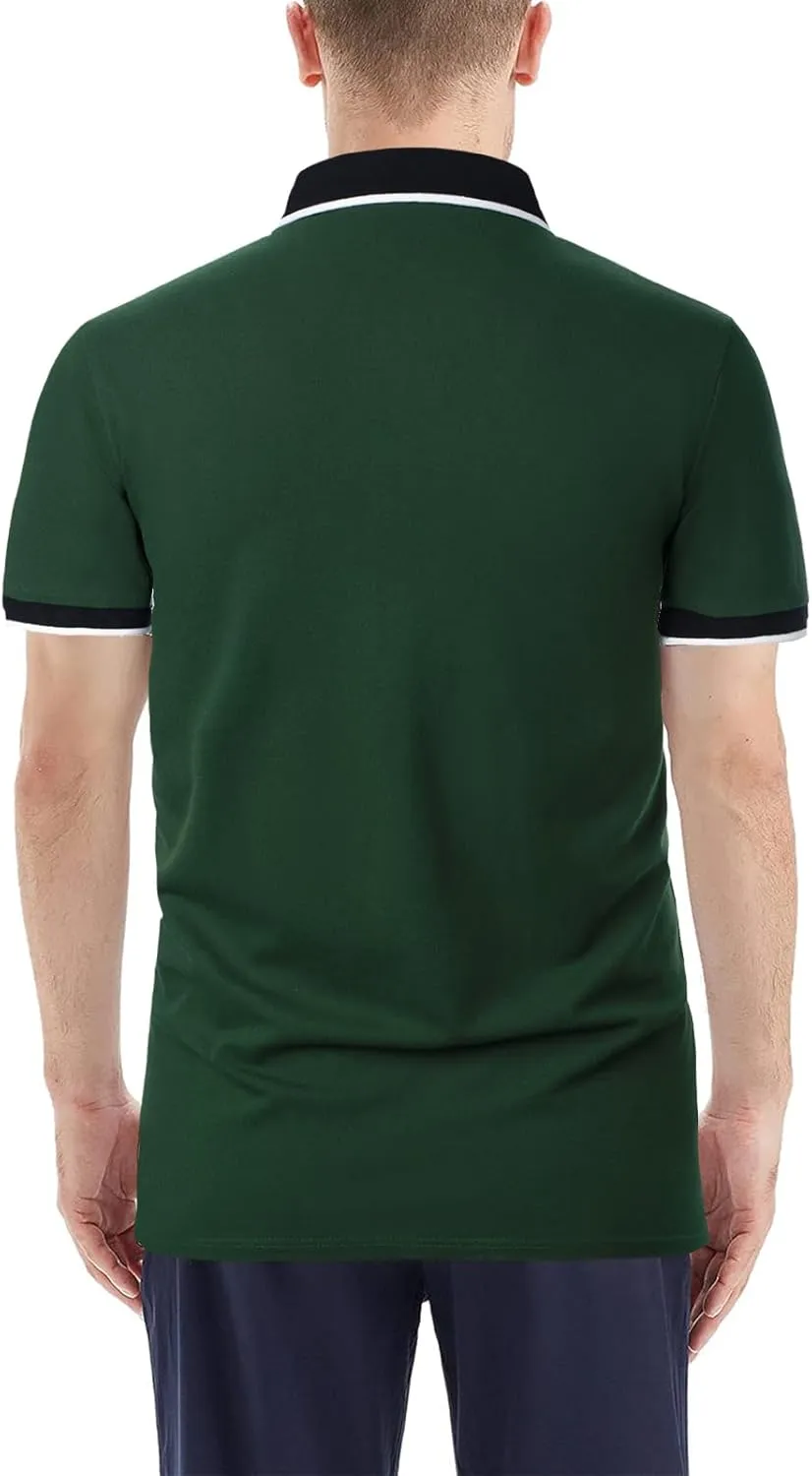 Men's Polo Shirts Short Sleeve Striped Contrast Collar Golf Polo with Pocket Casual Cotton T Shirts for Men