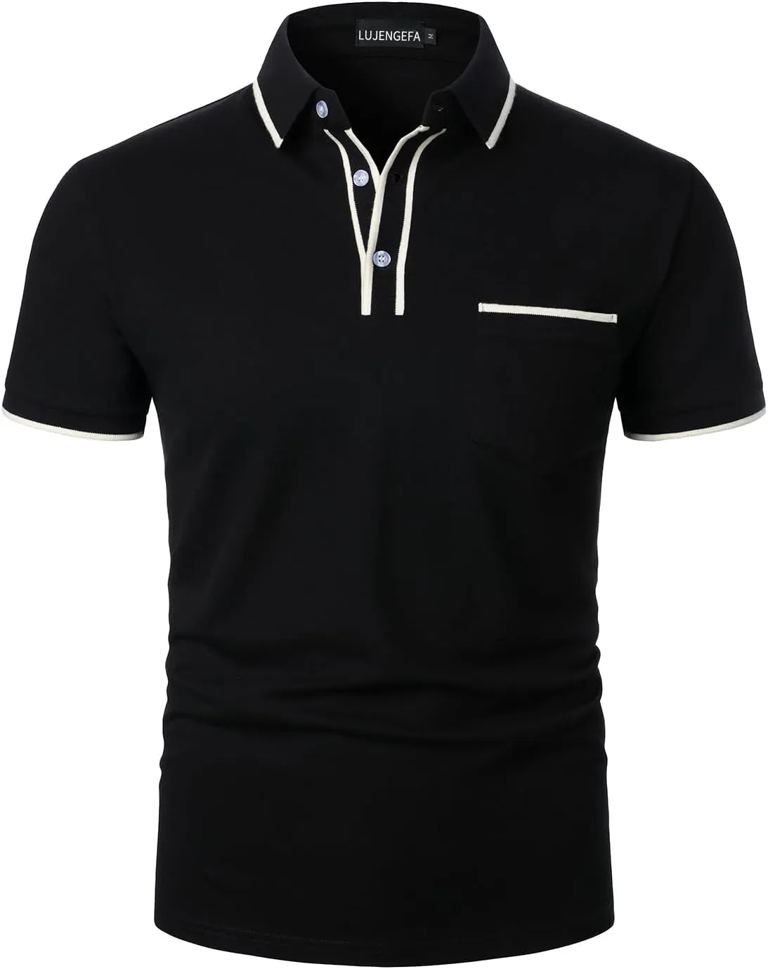 Men's Polo Shirts Short Sleeve Striped Contrast Collar Golf Polo with Pocket Casual Cotton T Shirts for Men