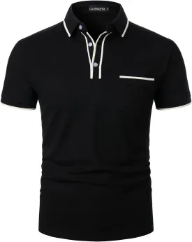 Men's Polo Shirts Short Sleeve Striped Contrast Collar Golf Polo with Pocket Casual Cotton T Shirts for Men