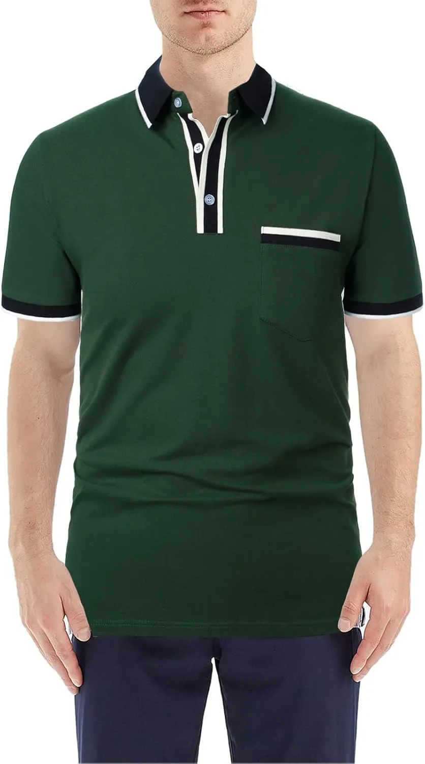 Men's Polo Shirts Short Sleeve Striped Contrast Collar Golf Polo with Pocket Casual Cotton T Shirts for Men