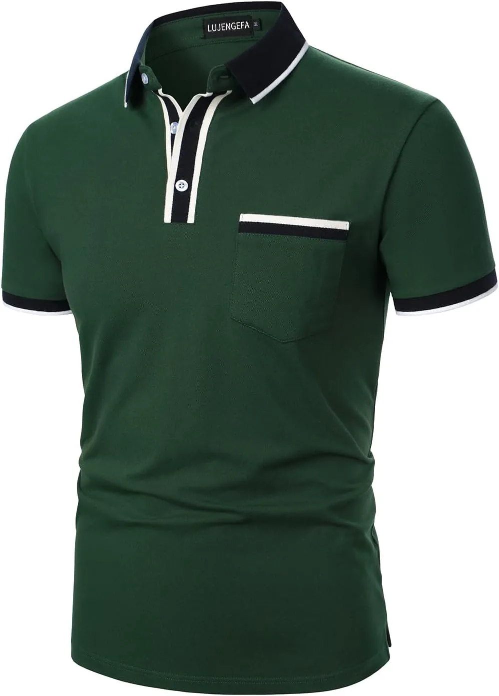 Men's Polo Shirts Short Sleeve Striped Contrast Collar Golf Polo with Pocket Casual Cotton T Shirts for Men