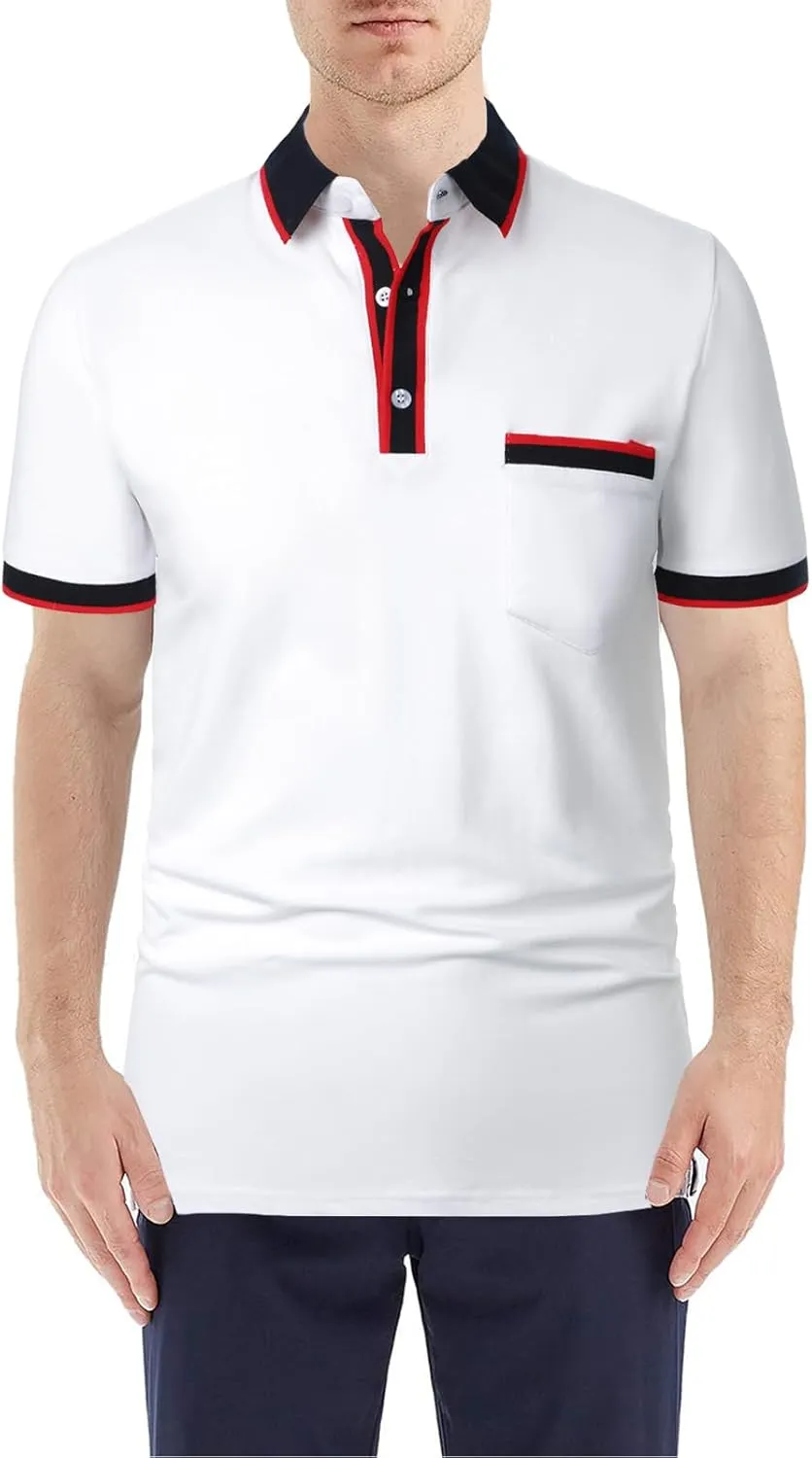 Men's Polo Shirts Short Sleeve Striped Contrast Collar Golf Polo with Pocket Casual Cotton T Shirts for Men