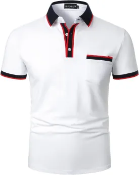 Men's Polo Shirts Short Sleeve Striped Contrast Collar Golf Polo with Pocket Casual Cotton T Shirts for Men