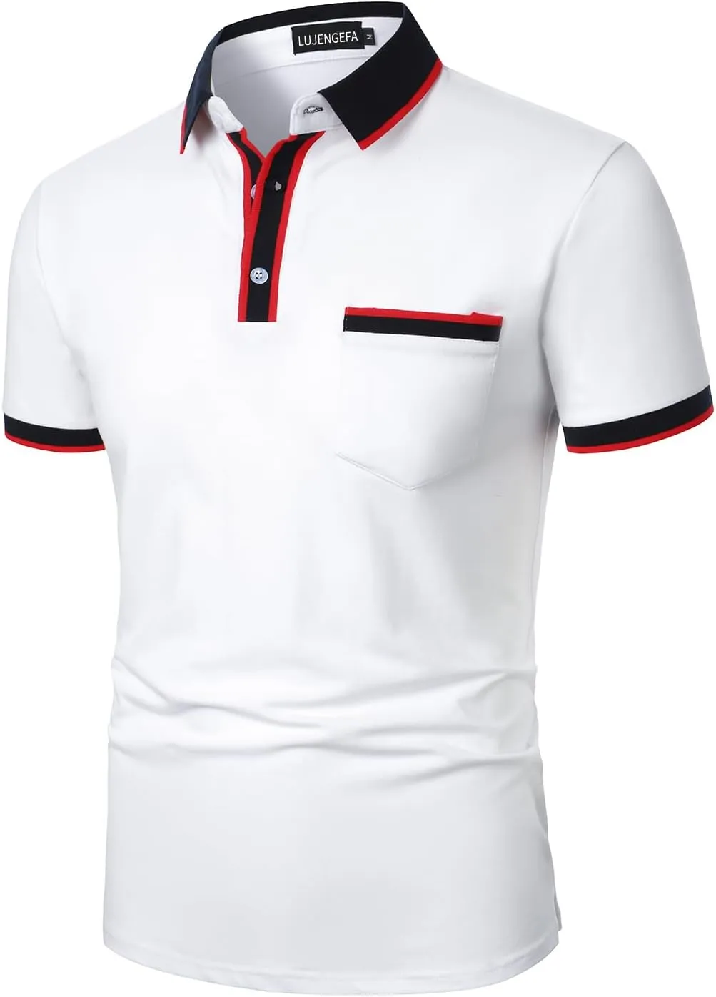 Men's Polo Shirts Short Sleeve Striped Contrast Collar Golf Polo with Pocket Casual Cotton T Shirts for Men