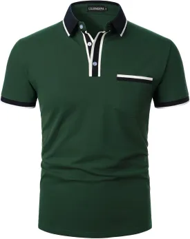 Men's Polo Shirts Short Sleeve Striped Contrast Collar Golf Polo with Pocket Casual Cotton T Shirts for Men