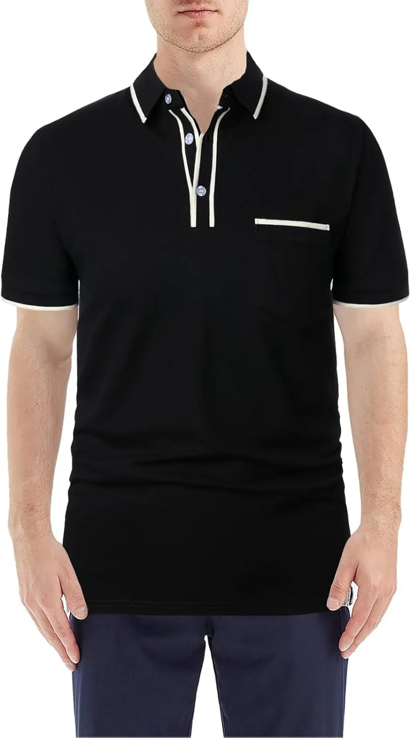 Men's Polo Shirts Short Sleeve Striped Contrast Collar Golf Polo with Pocket Casual Cotton T Shirts for Men