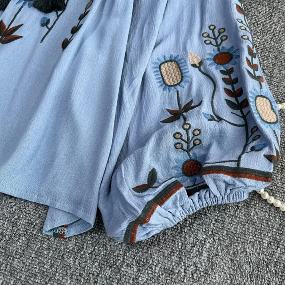 Mexican Embroidered Shirt for Women Causal Top Women's Lantern Sleeve Round Neck Fringe Blouse