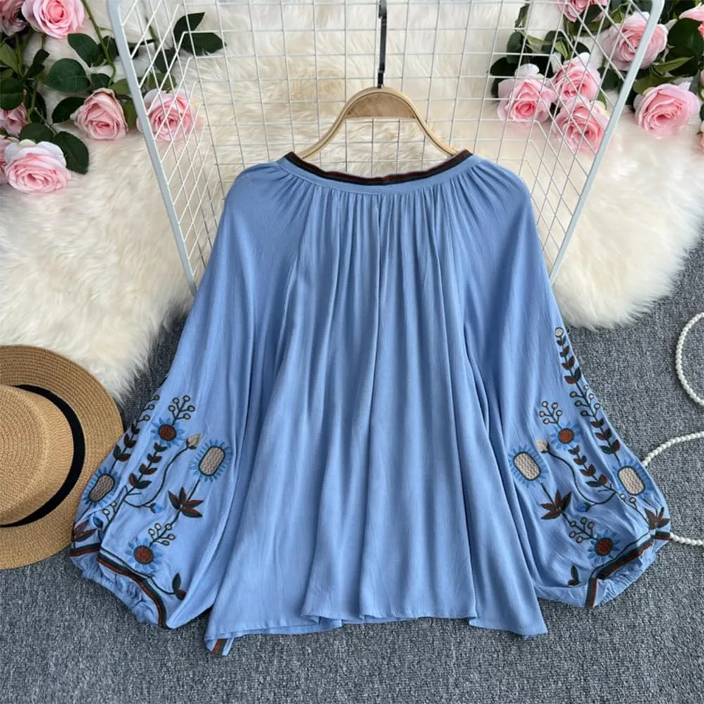 Mexican Embroidered Shirt for Women Causal Top Women's Lantern Sleeve Round Neck Fringe Blouse