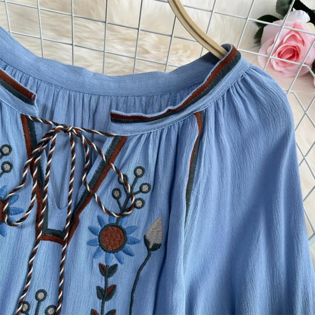 Mexican Embroidered Shirt for Women Causal Top Women's Lantern Sleeve Round Neck Fringe Blouse
