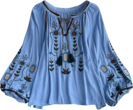 Mexican Embroidered Shirt for Women Causal Top Women's Lantern Sleeve Round Neck Fringe Blouse