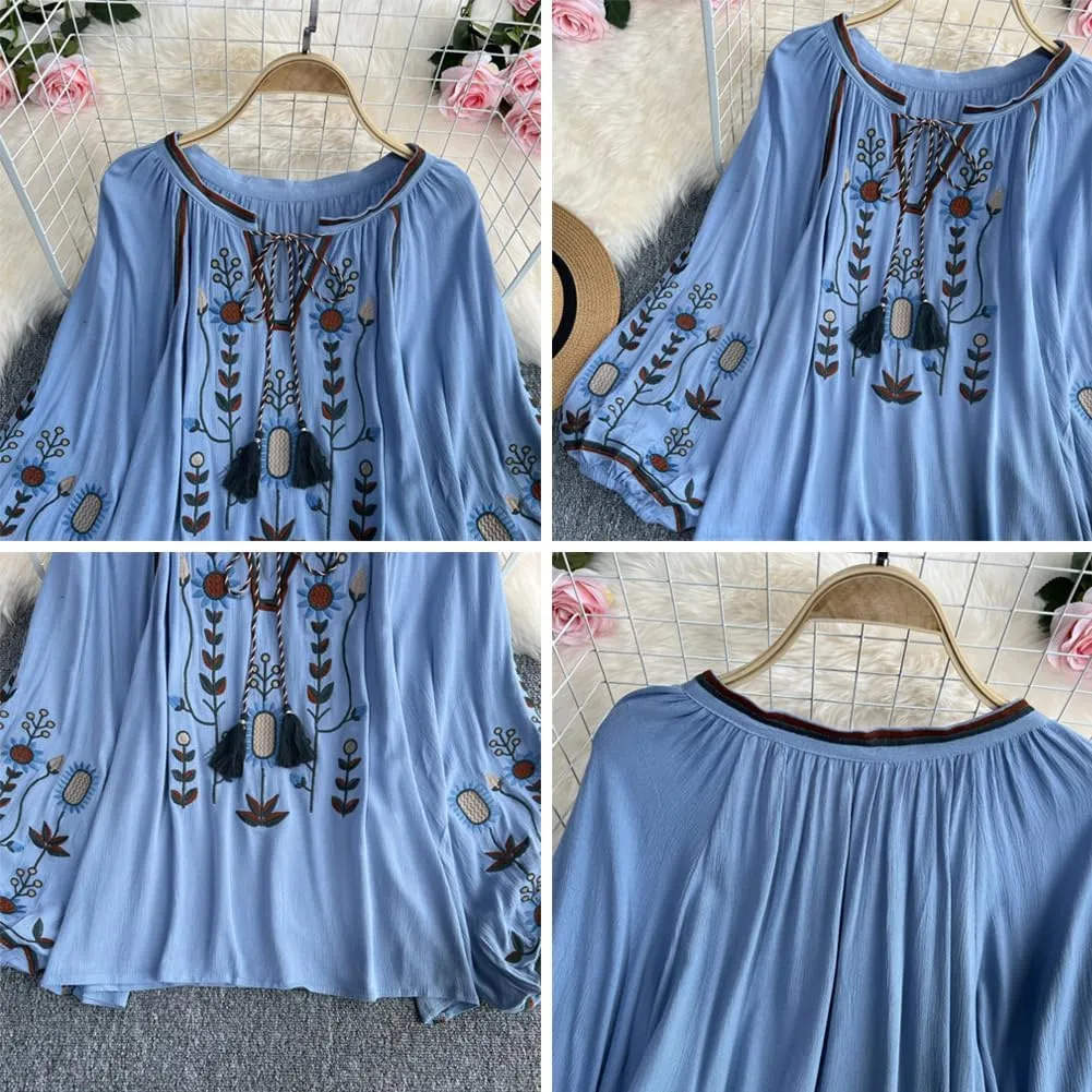 Mexican Embroidered Shirt for Women Causal Top Women's Lantern Sleeve Round Neck Fringe Blouse