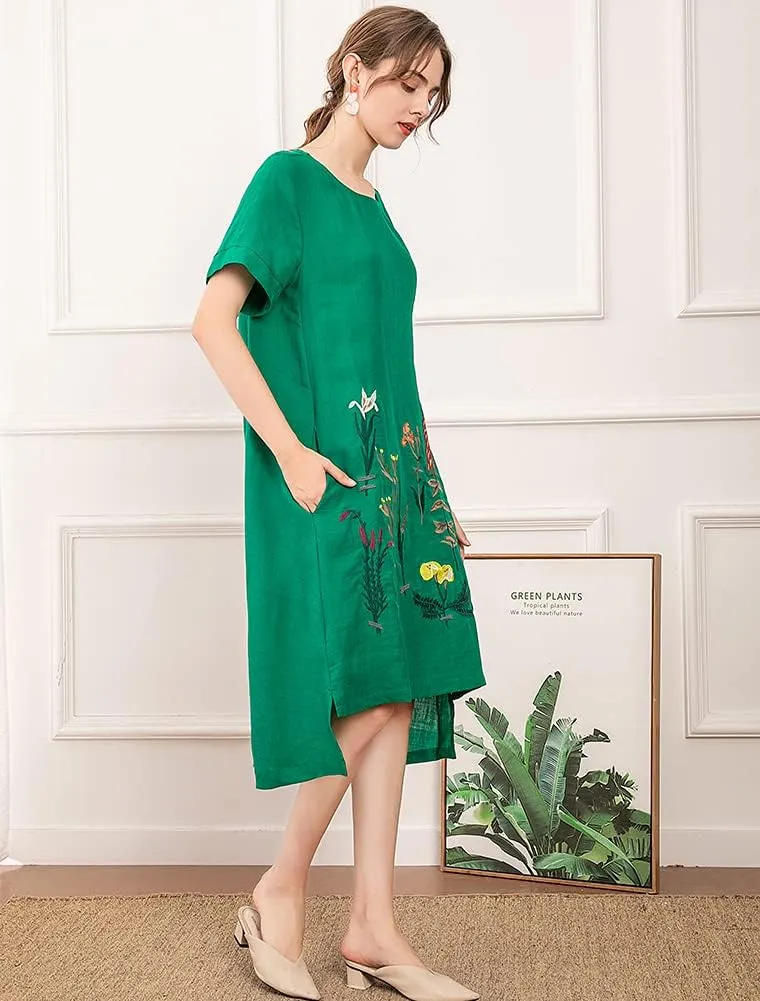 Minibee Women's Embroidered Linen Dress Summer A-Line Sundress Hi Low Tunic Clothing