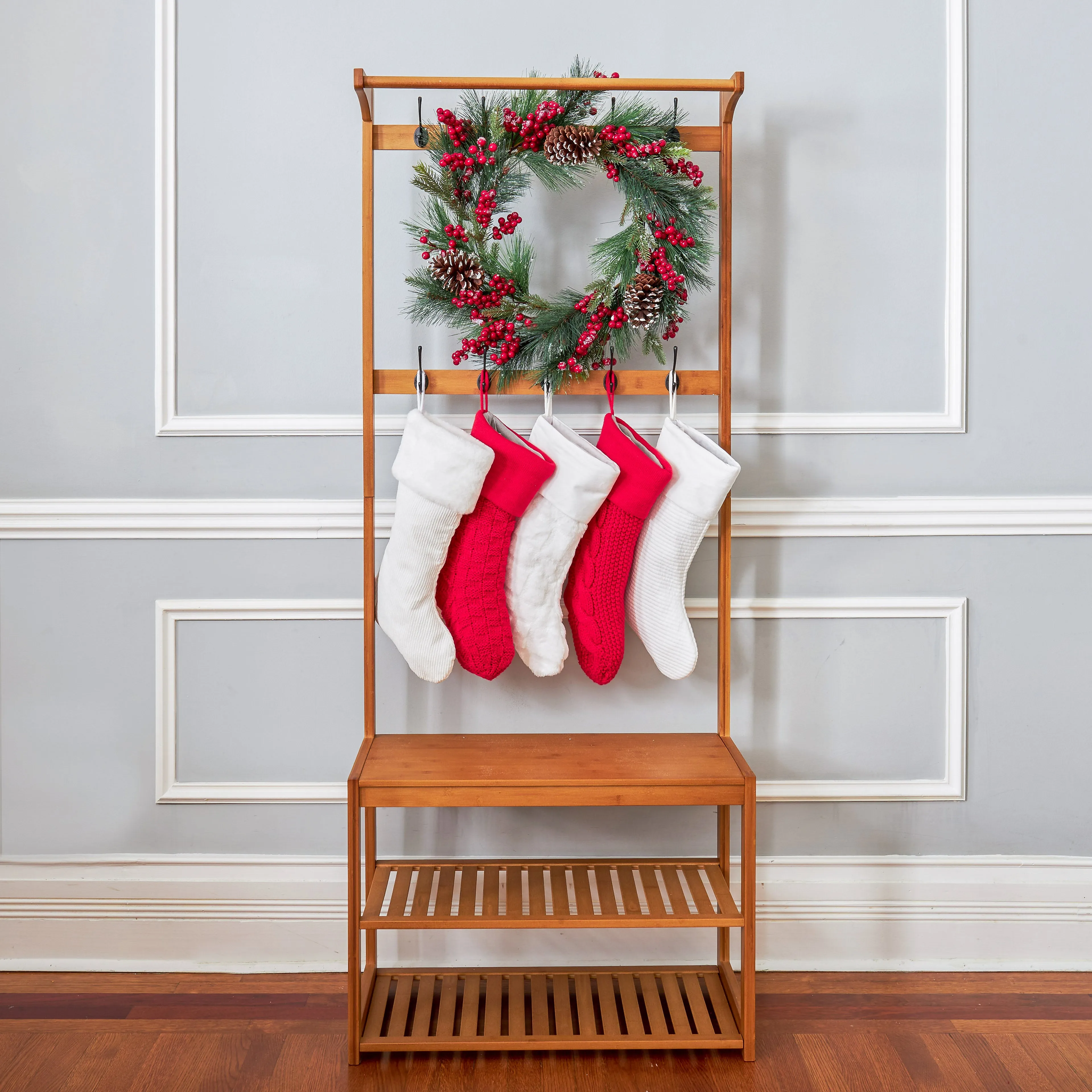 Neutral White Stripe Stitch Christmas Stocking with Velvet Cuff