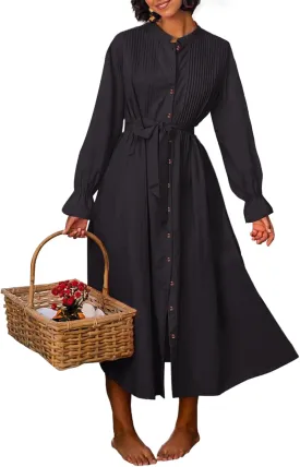 Paintcolors Women's Long Sleeve Maxi Dress Casual Button Down V Neck Flowy Belted Tie Waist A-Line Loose Shirt Swing Dresses