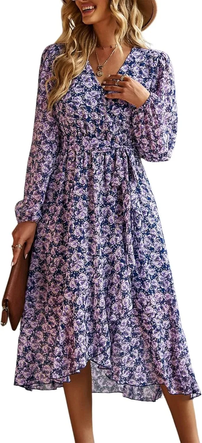 PRETTYGARDEN Women's Floral Print Boho Dress Long Sleeve Wrap V Neck Ruffle Belted A-Line Flowy Maxi Dresses