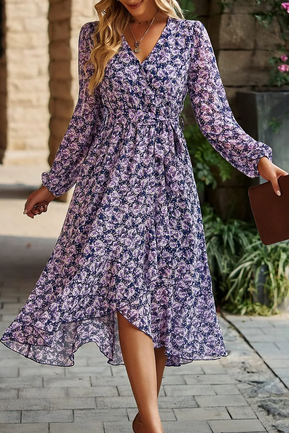 PRETTYGARDEN Women's Floral Print Boho Dress Long Sleeve Wrap V Neck Ruffle Belted A-Line Flowy Maxi Dresses