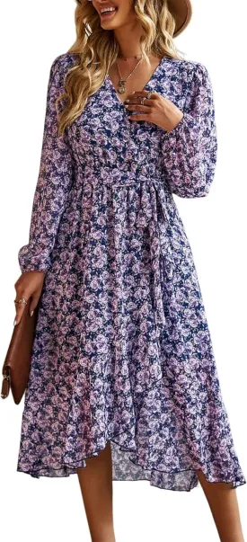 PRETTYGARDEN Women's Floral Print Boho Dress Long Sleeve Wrap V Neck Ruffle Belted A-Line Flowy Maxi Dresses