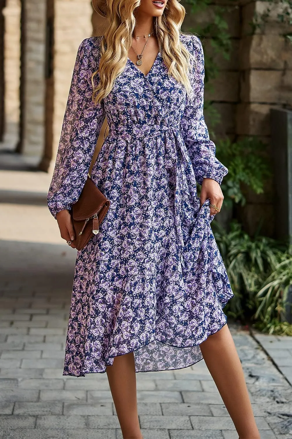 PRETTYGARDEN Women's Floral Print Boho Dress Long Sleeve Wrap V Neck Ruffle Belted A-Line Flowy Maxi Dresses