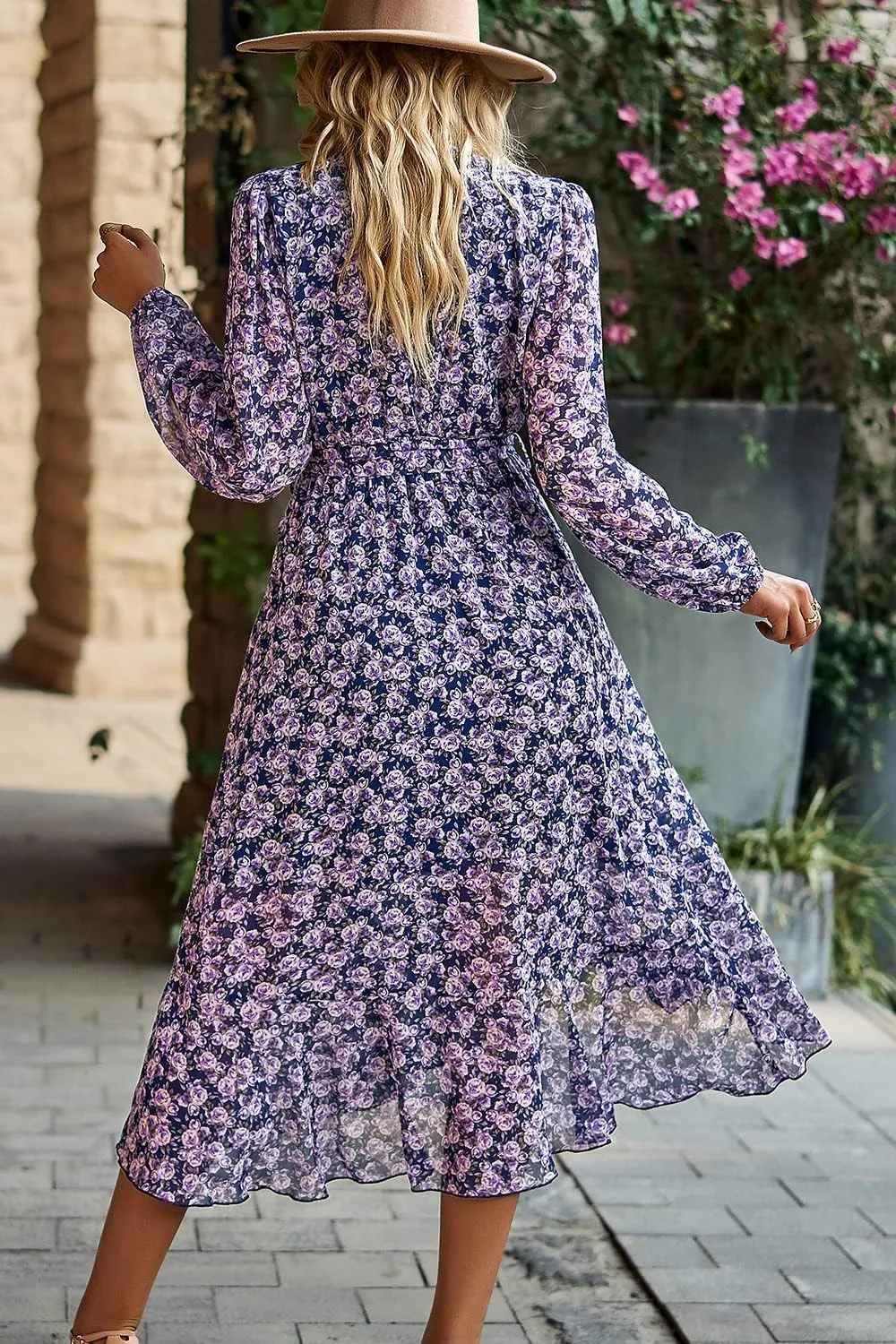 PRETTYGARDEN Women's Floral Print Boho Dress Long Sleeve Wrap V Neck Ruffle Belted A-Line Flowy Maxi Dresses