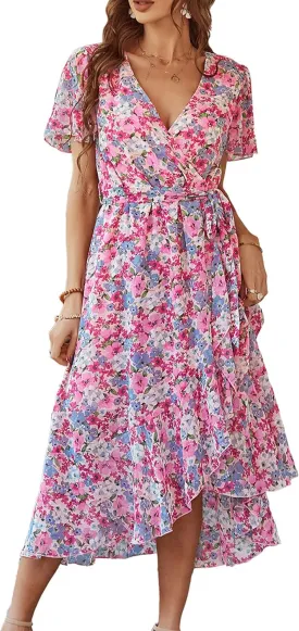 PRETTYGARDEN Women's Summer Floral Boho Maxi Dress Wrap Short Sleeve V Neck Ruffle A-Line Flowy Wedding Guest Long Dresses
