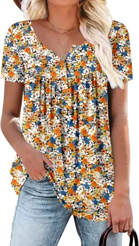 ROSELINLIN Women's Short Sleeve Shirts Floral Summer Tops Loose Fit for Leggings