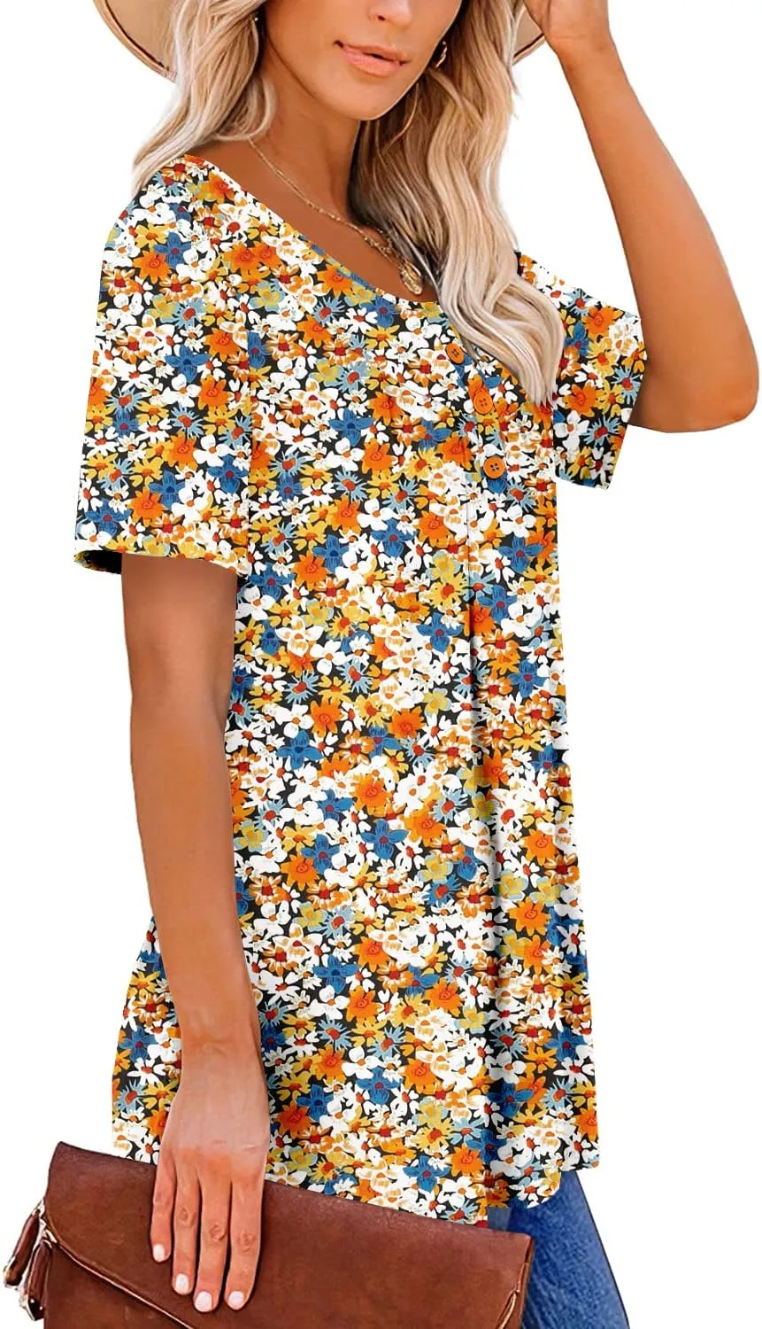ROSELINLIN Women's Short Sleeve Shirts Floral Summer Tops Loose Fit for Leggings