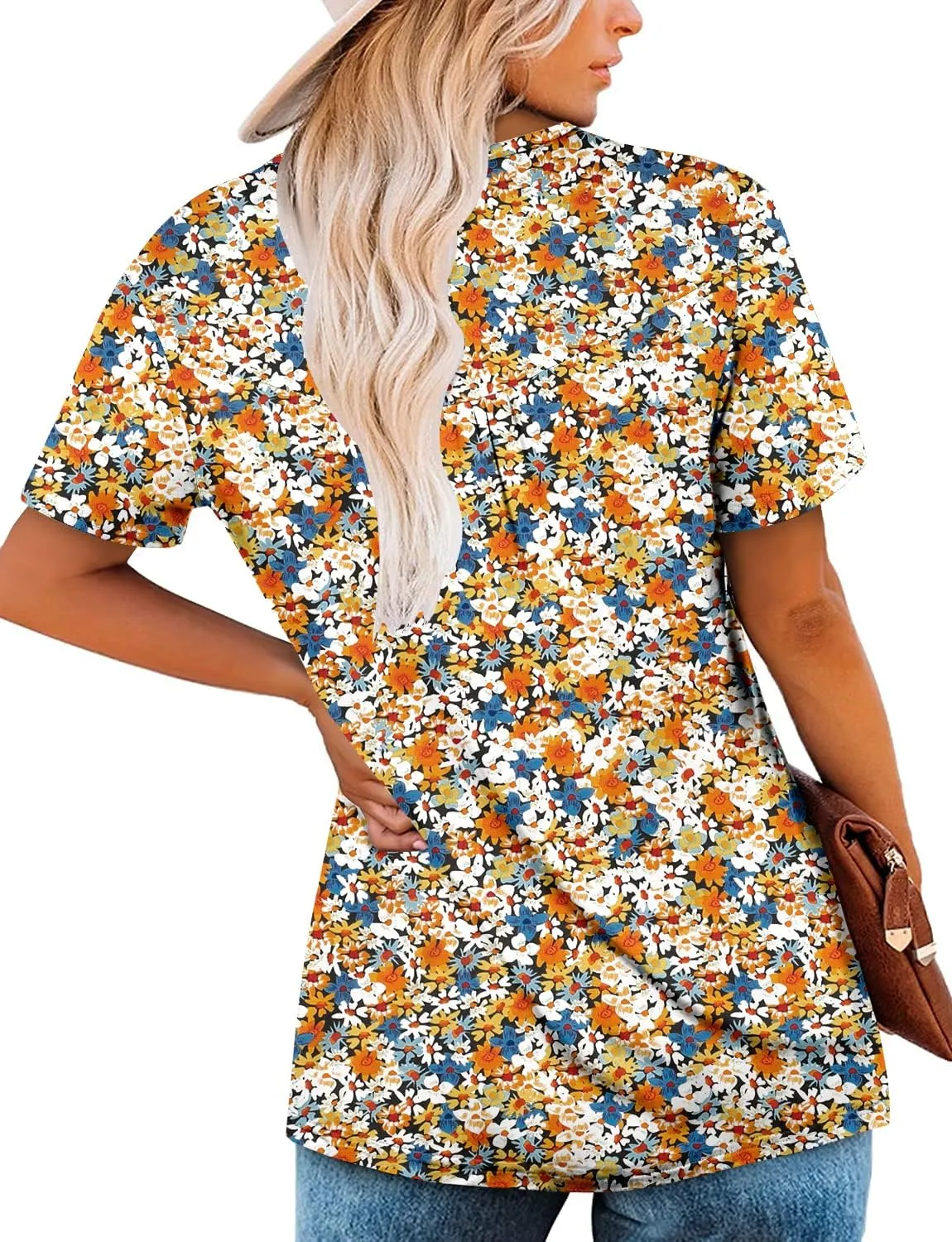 ROSELINLIN Women's Short Sleeve Shirts Floral Summer Tops Loose Fit for Leggings