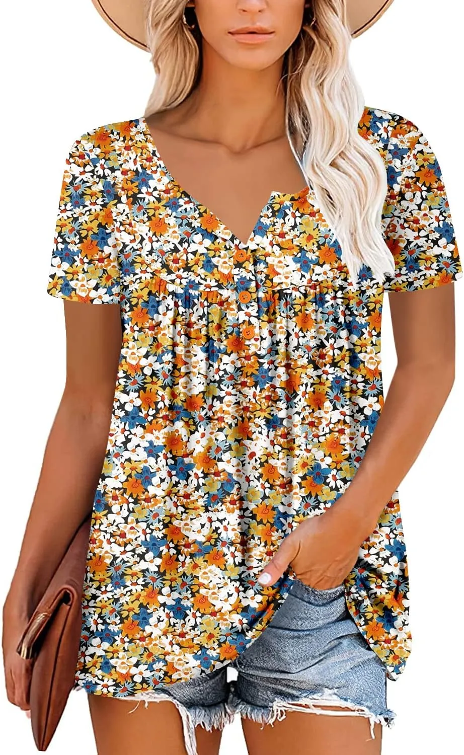 ROSELINLIN Women's Short Sleeve Shirts Floral Summer Tops Loose Fit for Leggings